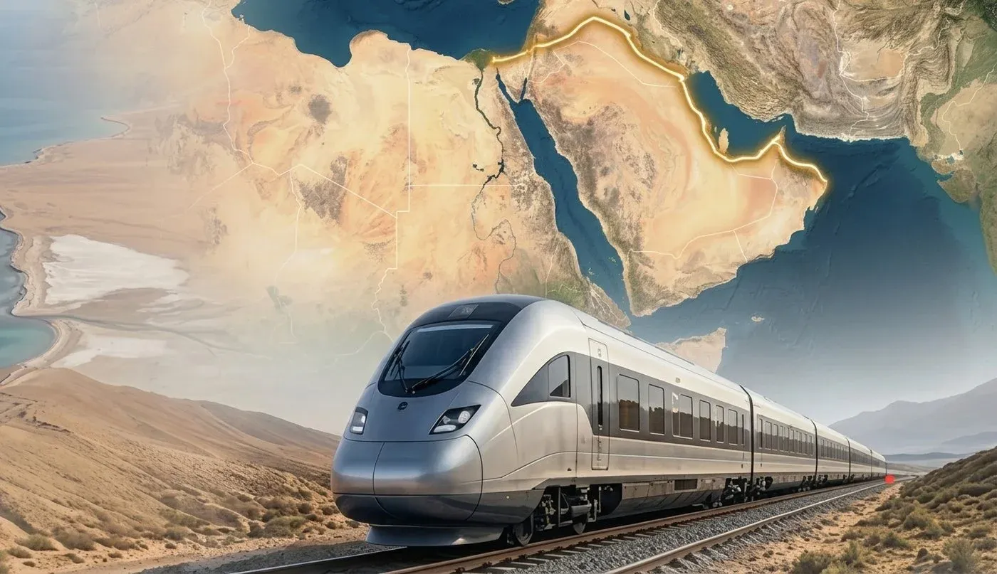 High-speed train with a map overlay tracing a GCC rail corridor across the Arabian Peninsula