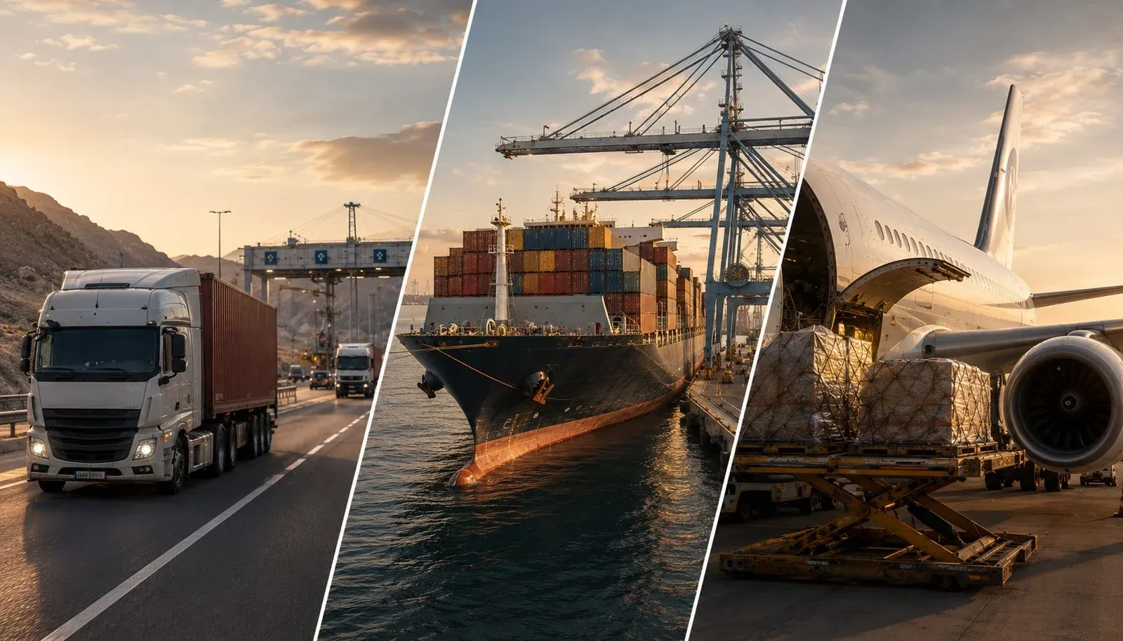 Truck, container ship and cargo aircraft representing road, sea and air freight across the GCC supply chain