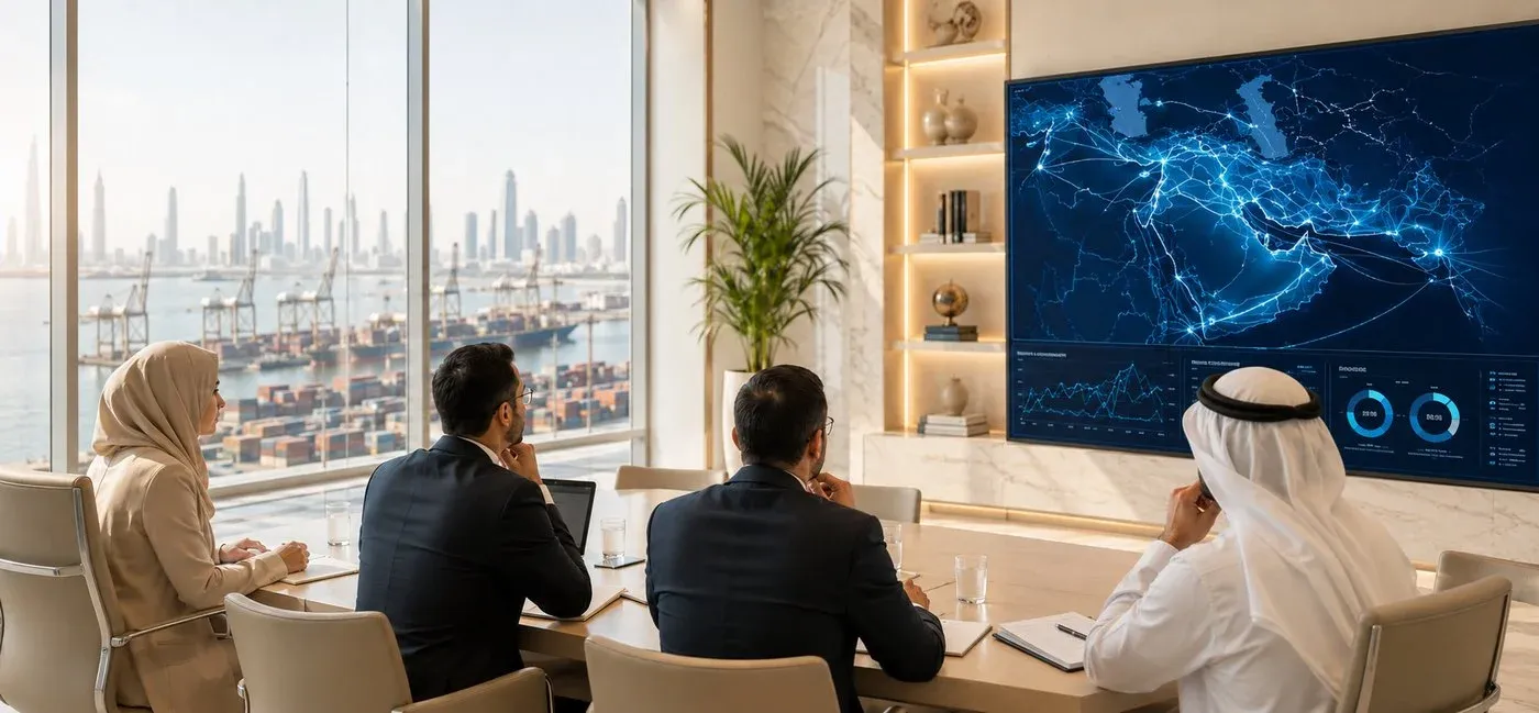 Executives reviewing a live GCC trade data dashboard in a boardroom overlooking a container port