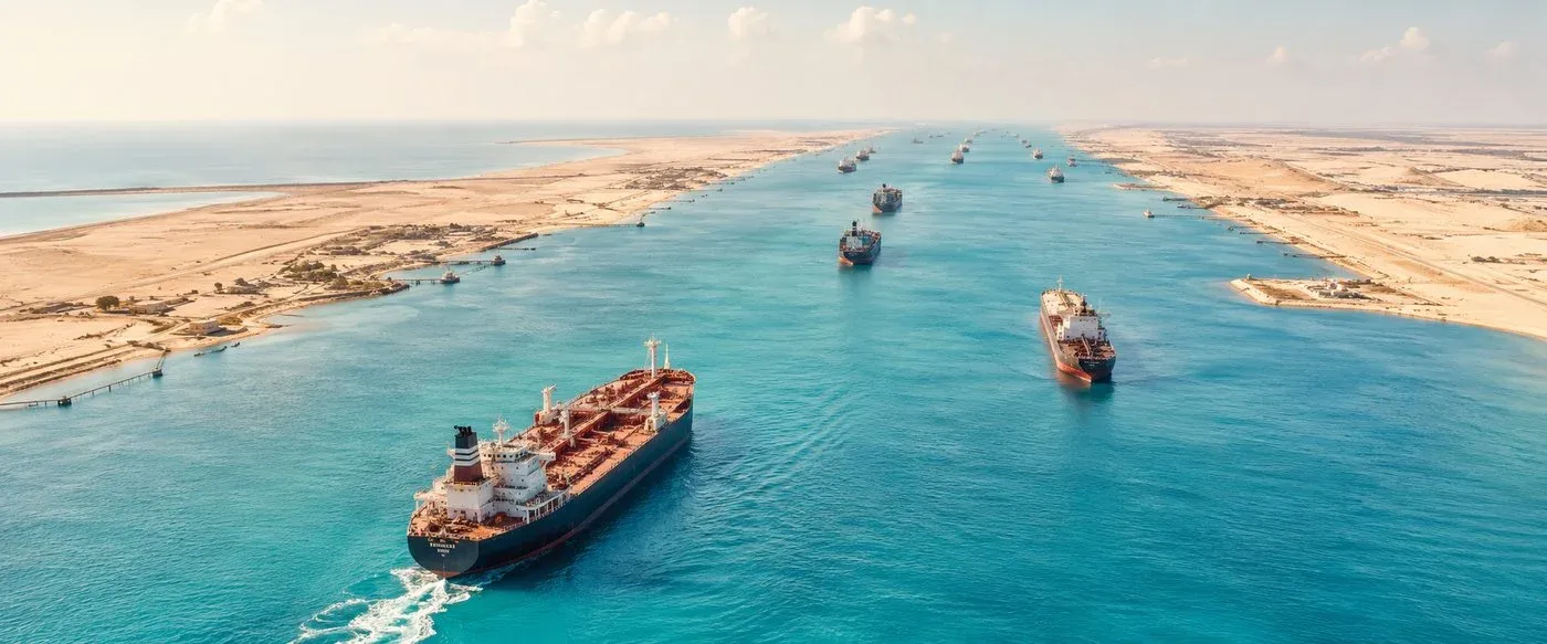 Oil tankers and cargo ships queuing through a maritime chokepoint in the Gulf region