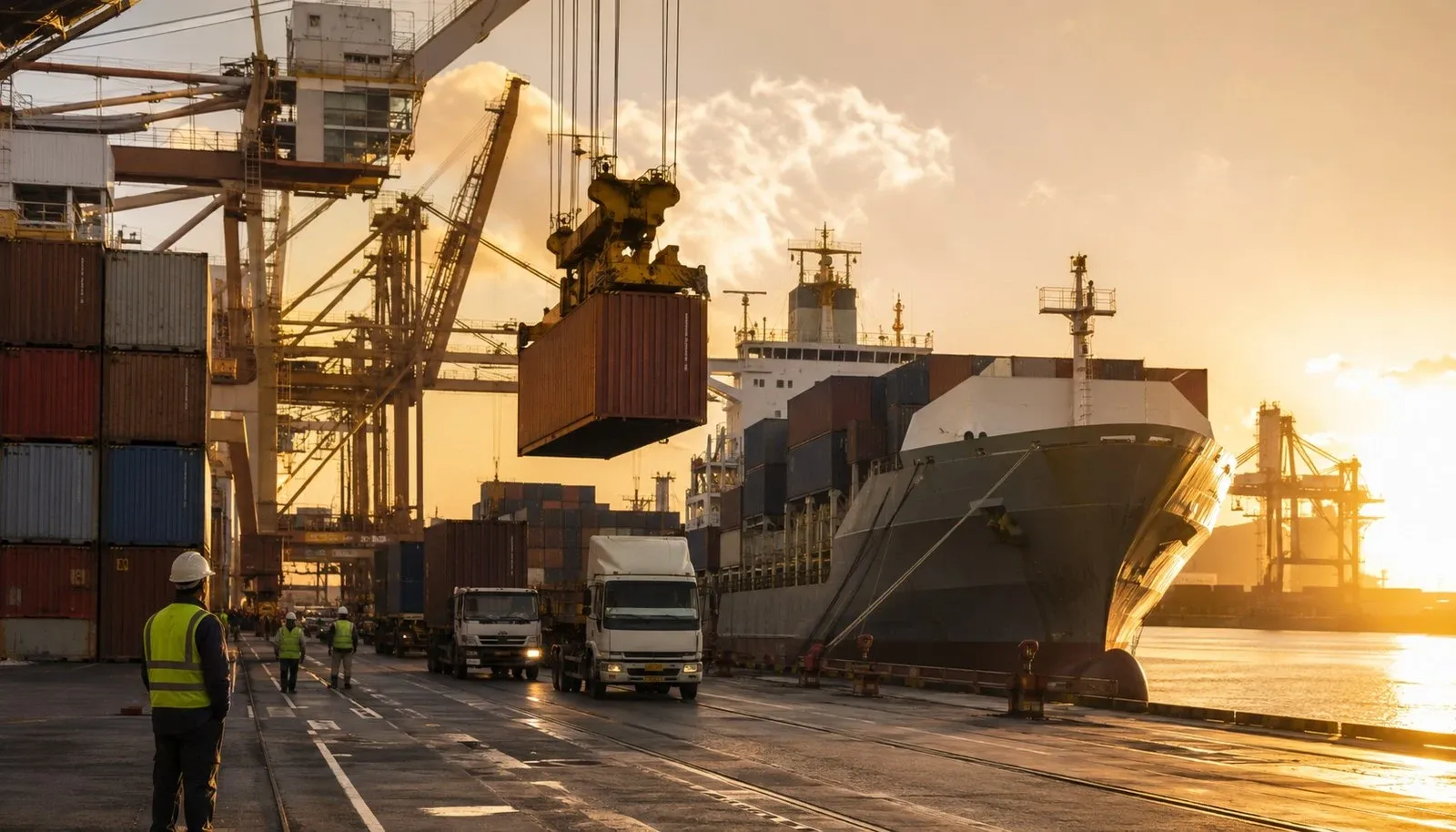 Dockworkers and a crane loading containers onto a cargo vessel at a GCC port terminal at sunset
